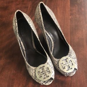 Tory Burch Snakeskin Open Toe Wood Wedges